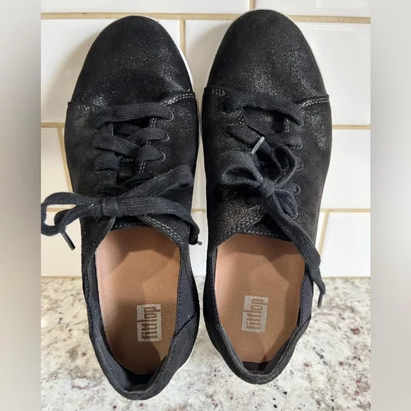 Womens Fitflop Sneakers Lace Up Valentia Metallic Black Shoes AB4-001 - Picture 9 of 13